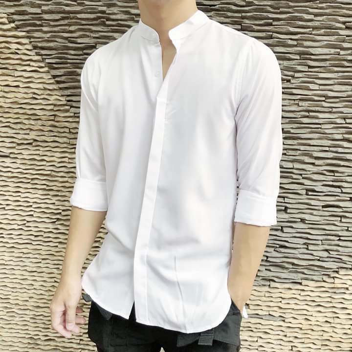 Áo sơ mi nam cổ tàu MENTINO trơn, sơmi cổ tàu vải lụa Thái chống nhăn, không xù, không phai sơ mi công sở