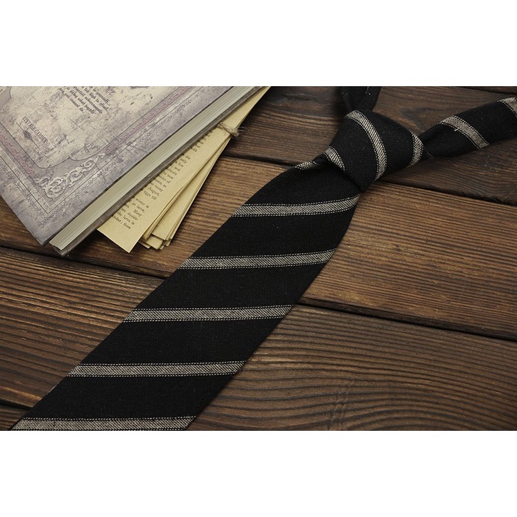 Cà Vạt Cotton Lanh 7cm Kẻ Sọc Vàng Kiểu Retro Anh Cá Tính Cho Nam