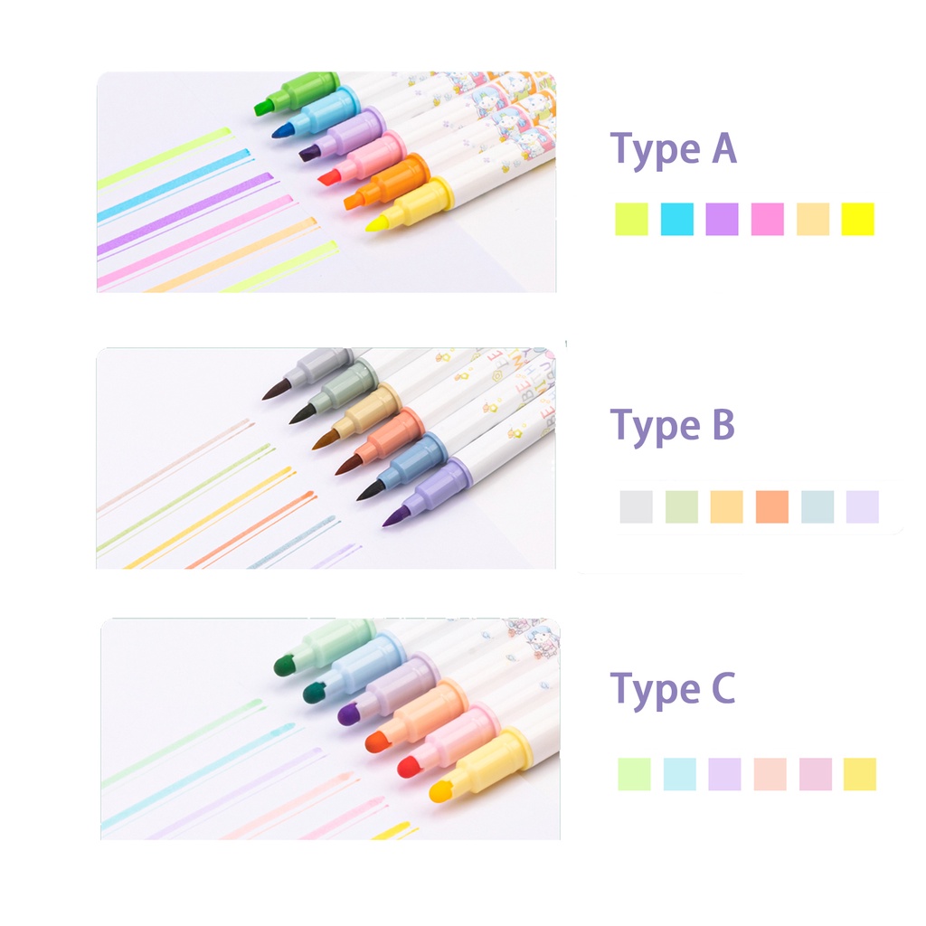 Bộ 6 Bút Bắt Sáng Hai Mặt Màu Macaron Hoạt Hình Dễ Thương