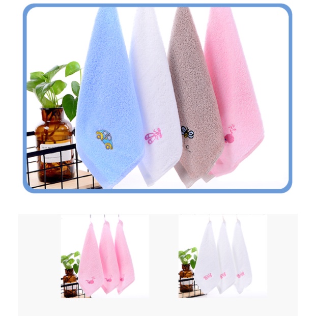 Set 5 khăn lau mặt, khăn tay cho bé mầm non, mẫu giáo, 100% cotton, có móc treo, mềm mịn, thấm nước tốt