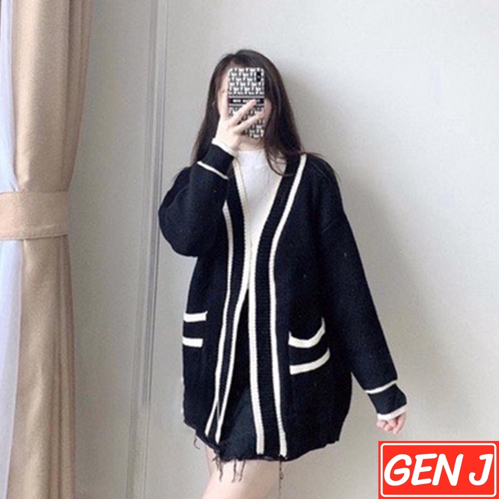 Áo cadigan len trơn nữ form rộng thiết kế viền siêu xinh - Gen J