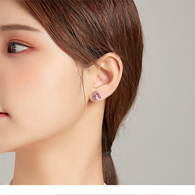 Khuyên tai xỏ BAMOER BSE471 bạc thật 925 hình hoa nở tráng men thích hợp làm trang sức đính hôn / quà tặng cho nữ