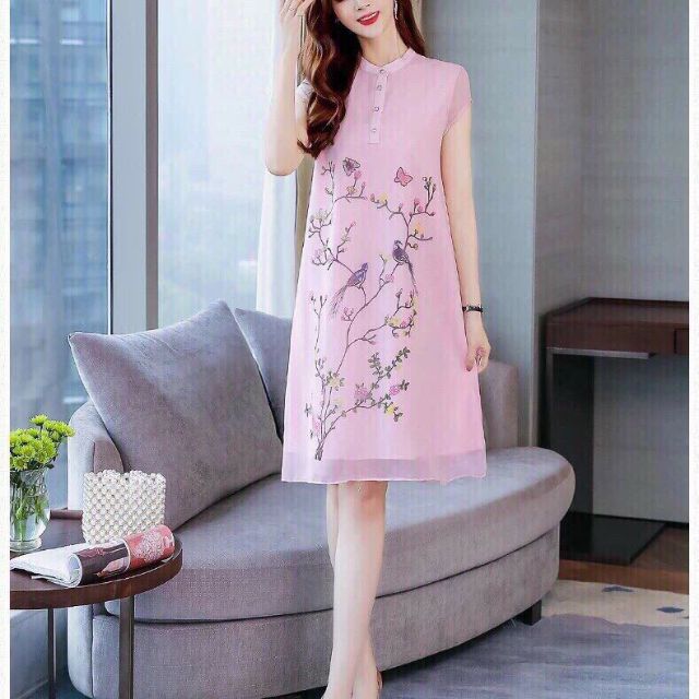 ĐẦM SUÔNG CỔ TRỤ IN HOA BƯỚM