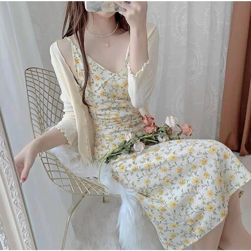 [ĐÃ VỀ HÀNG] SET ĐẦM HAI DÂY CỔ TIM ÁO KHOÁC CADIGAN (❤ω❤) | BigBuy360 - bigbuy360.vn