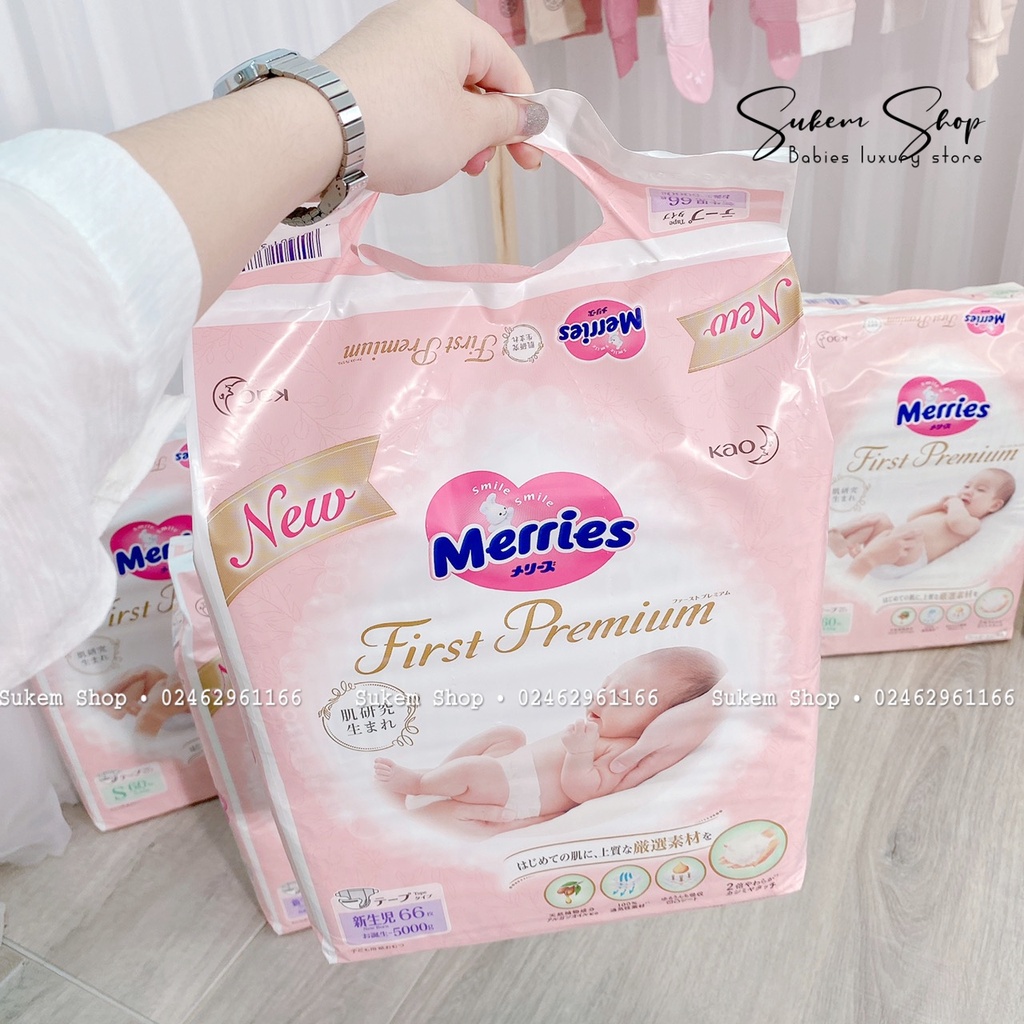 Tã Dán/ Bỉm Merries First Premium Size Newborn NB66, S60, M48 - Cao Cấp