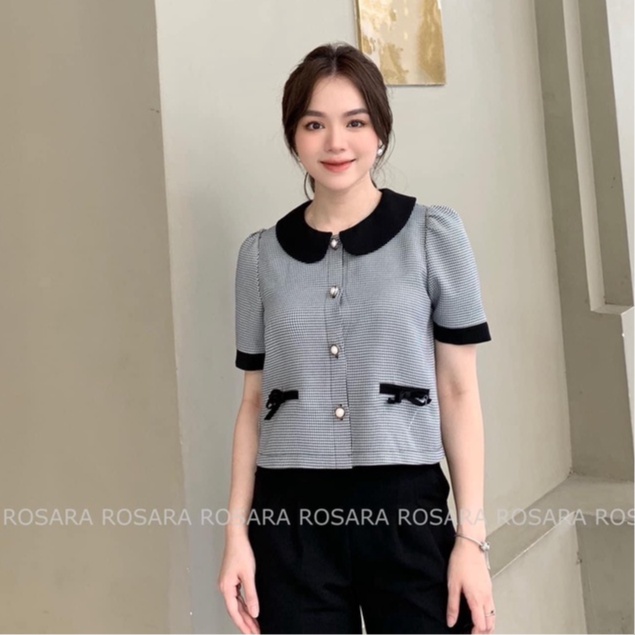 Áo Sơ Mi Thiết Kế Kẻ Ngắn Tay Cổ Sen Tiểu Thư Sang Chảnh G99 Rosara