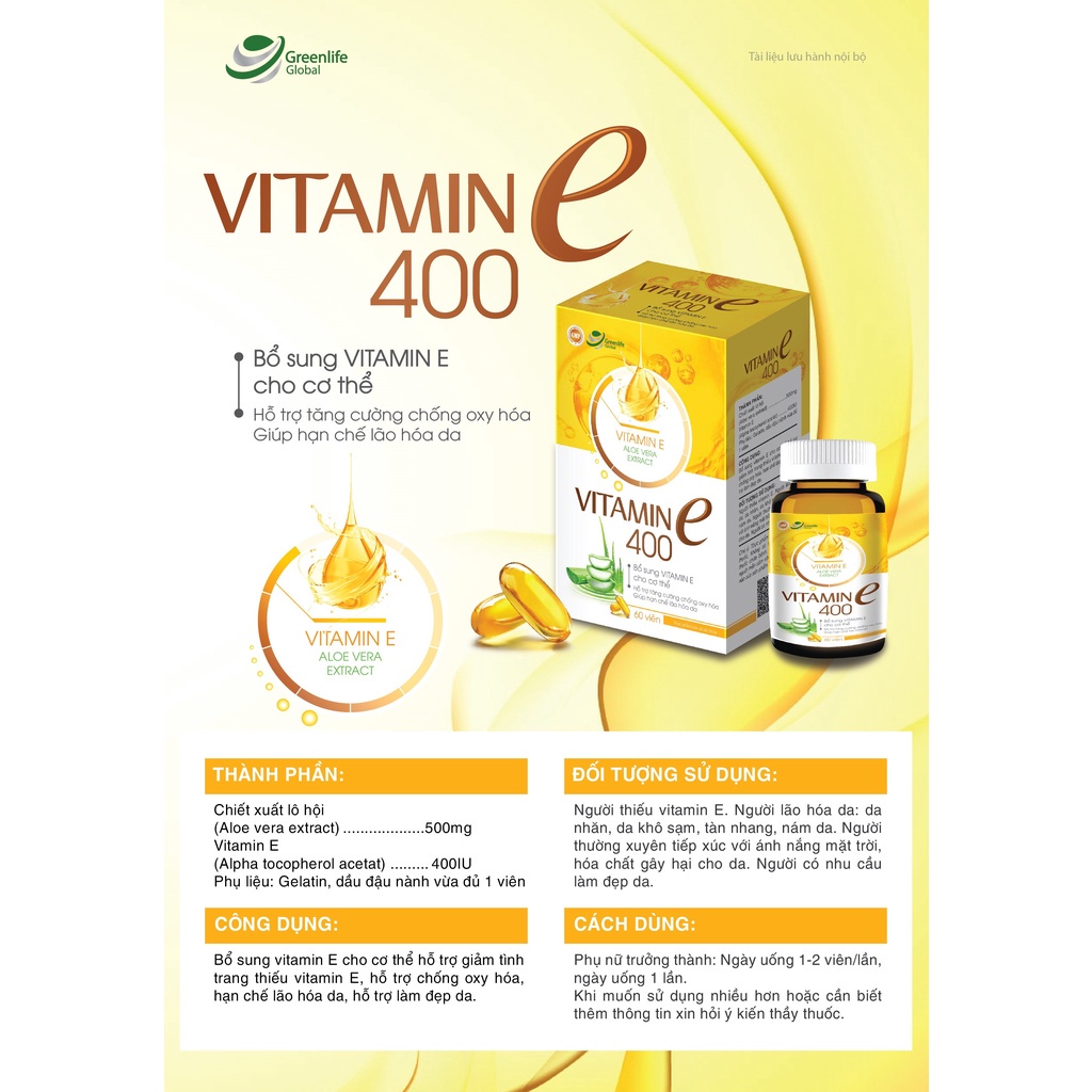 Vitamin E 400IU GrnLife - viên nang mềm đẹp da, tinh dầu lô hội chống lão hóa, lọ 30 viên chính hãng