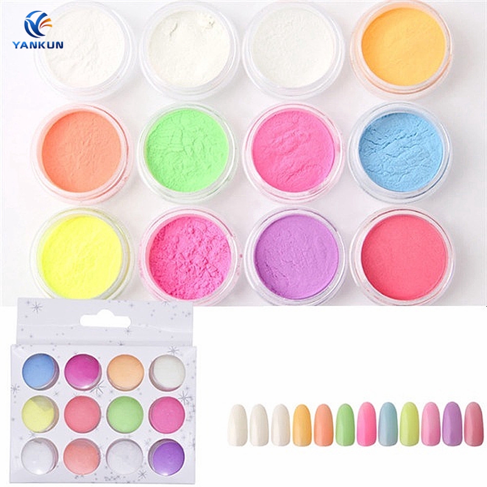 Bộ Bột Kim Tuyến Dạ Quang Trang Trí Móng Tay 12 Màu