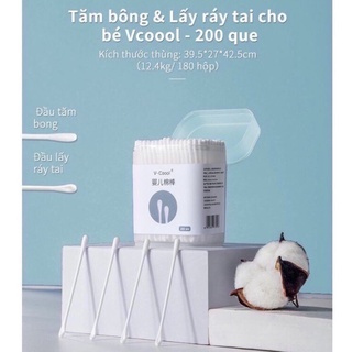 Tăm bông Vcool hộp 200 chiếc làm sạch vùng mắt,tai,mũi cho bé/Mom Space