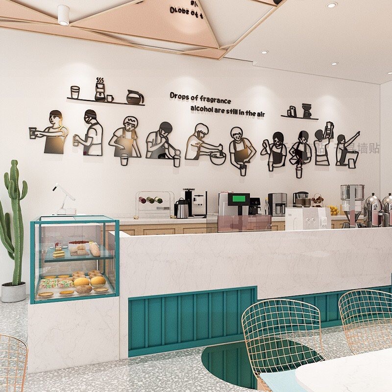 SIZE LỚN Tranh dán tường mica - quầy pha chế size lớn trang trí quán cafe, trà sữa, quán ăn nhanh, đồ uống