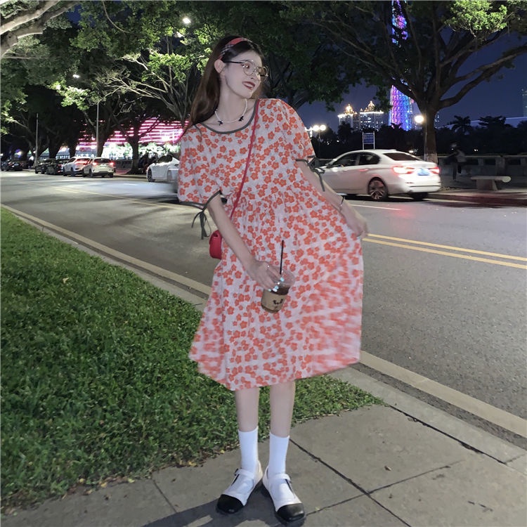 Đầm hoa cổ tròn tay phồng thắt dây phong cách cổ điển thời trang dành cho nữ