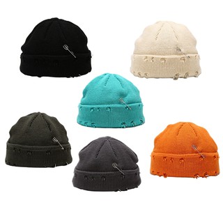 Mũ beanie dệt kim thiết kế lỗ lõm hình tròn trang trí vòng và ghim băng thời trang mùa đông