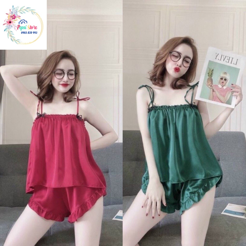 Bộ đồ ngủ mặc nhà lụa trơn 2 dây áo thắt nơ