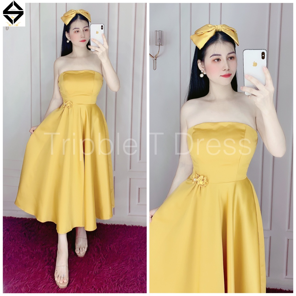 Đầm xoè cúp ngực phối hoa eo chất lụa taffeta sang trọng TRIBLE T DRESS - size M/L - MS241V