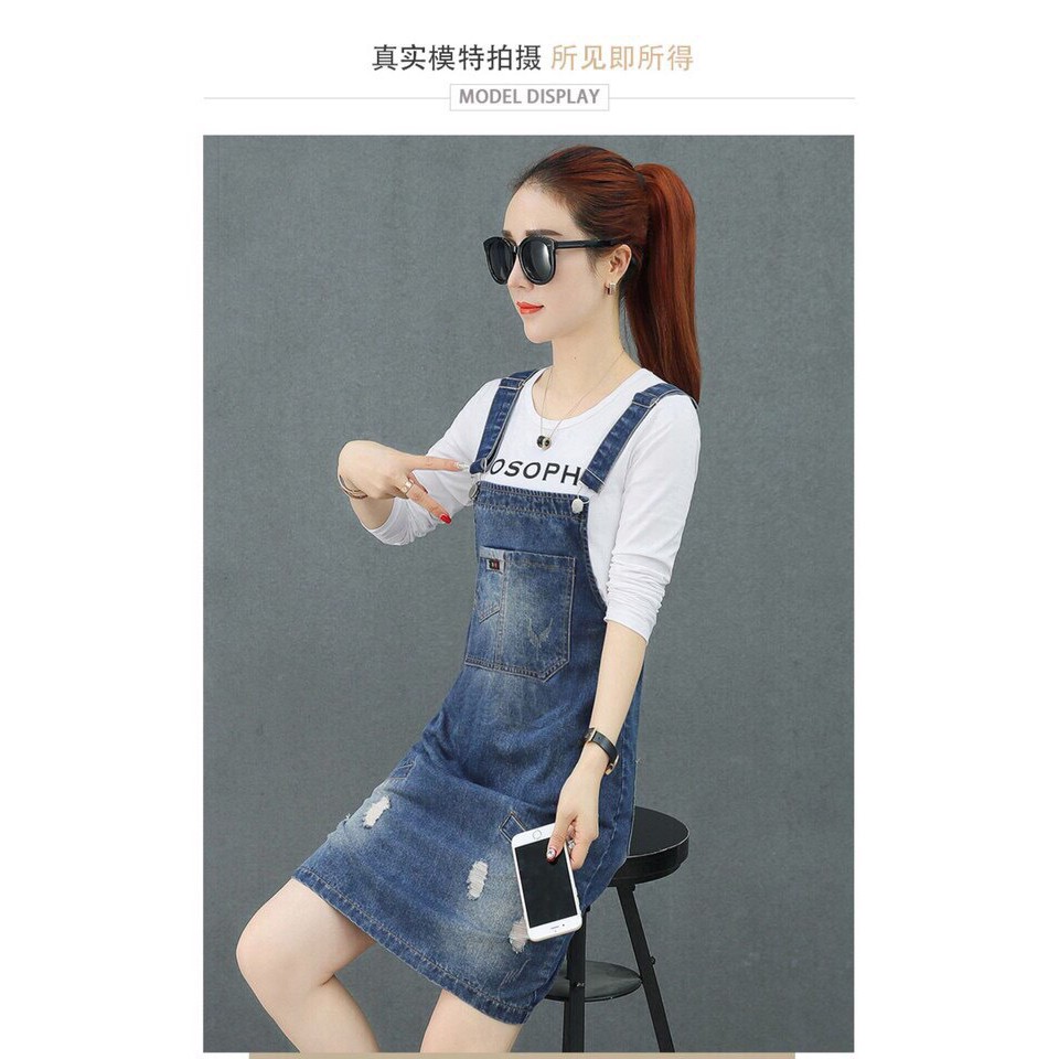 Yếm jean 2 dây phối túi DTFashion váy ngắn freesize