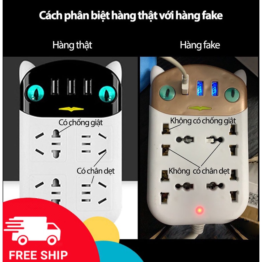 Ổ Cắm Điện Đa Năng Dán Tường Hình Mèo Cute OD-318, 3 Cổng USB Chống Giật Thông Minh Dây Dài 3m