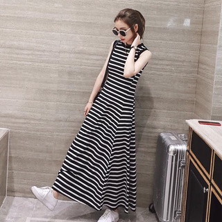 Đầm maxi thun sọc viền bo, đầm maxi dạo phố, đầm maxi đi biển