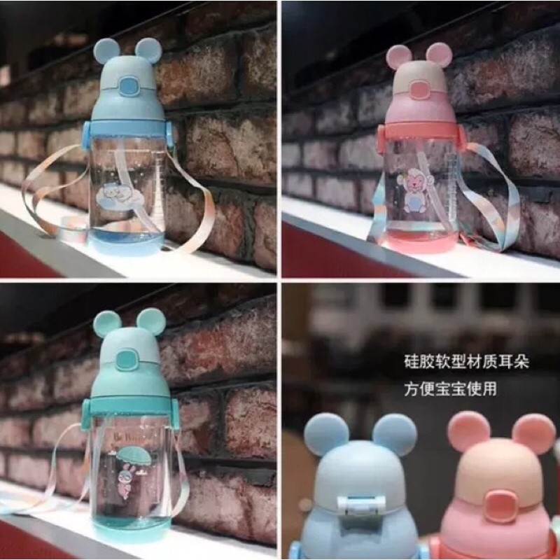 Bình tập uống nước mickey 350ml có dây đeo tiện dụng cho bé đi lớp, bình nước chia vạch