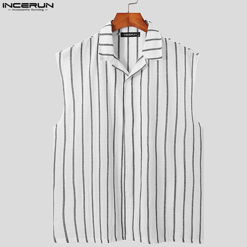 Áo sơ mi INCERUN cotton không tay cổ bẻ kẻ sọc 3 màu thời trang cho nam