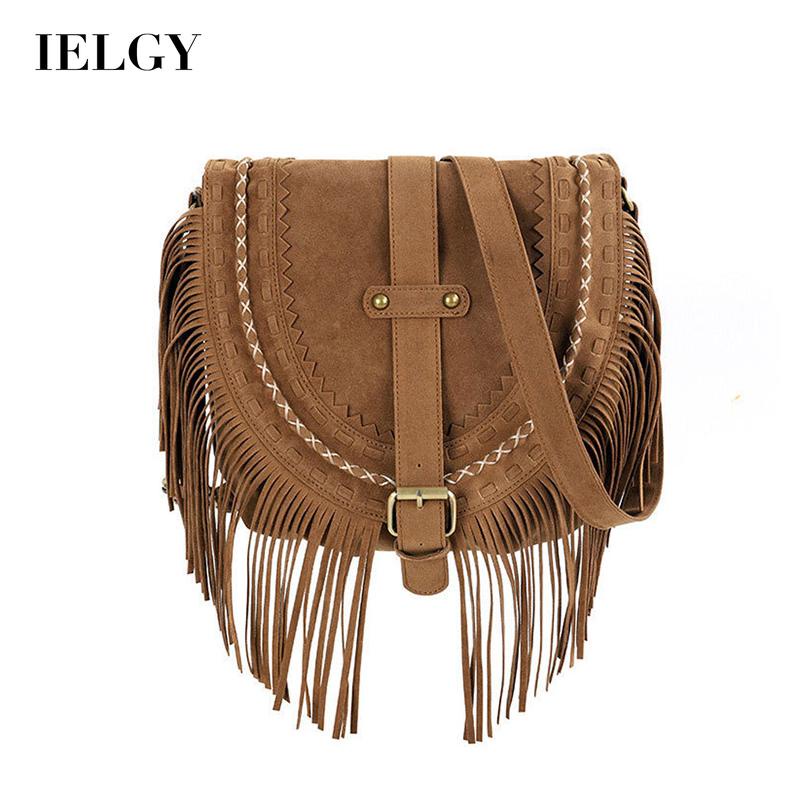 Túi đeo chéo IELGY cỡ lớn phối tua rua phong cách retro thời trang cho nữ