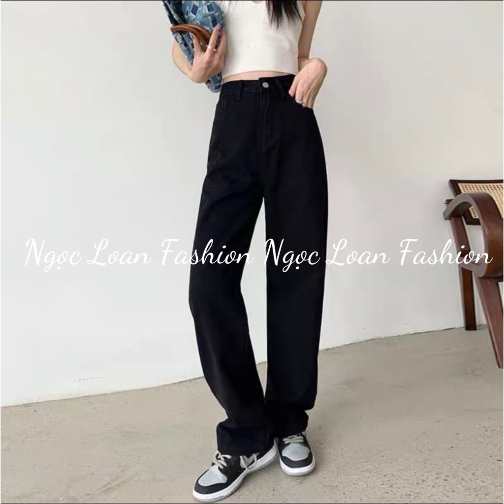 Quần Baggy Jean Nữ Ống Rộng Lưng Cao, Quần Nữ Ống Rộng Màu Đen Dáng Suông, Kiểu Baggy Ống Đứng Chất 