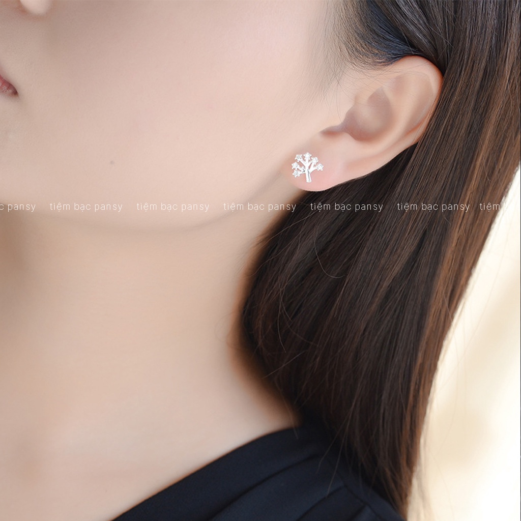Bông tai bạc nữ PANSY hình nhánh cây đính đá, hoa tai bạc 925 The Tree phong cách Hàn Quốc
