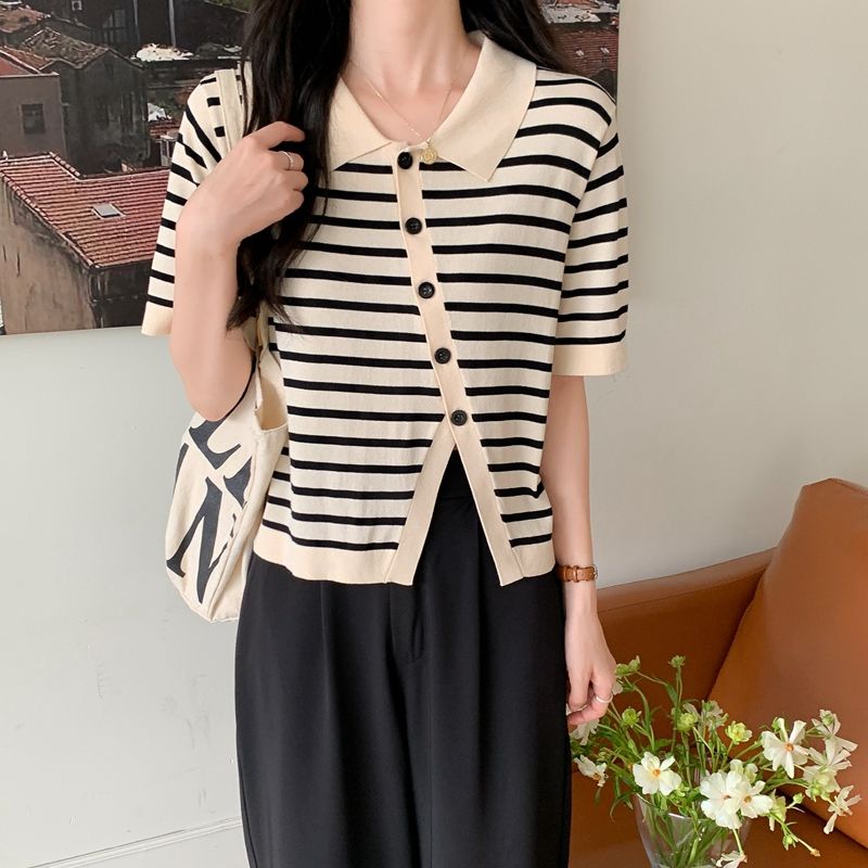 Áo Thun Polo Tay Ngắn Họa Tiết Kẻ Sọc Đen Thời Trang Mùa Hè 2022 Dành Cho Bạn Nữ