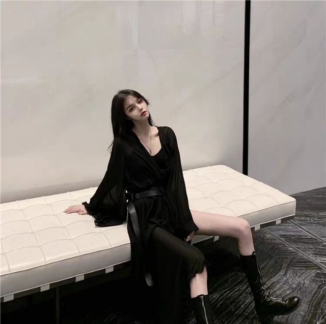 [ORDER+ẢNH THẬT] Set Áo choàng đen voan mỏng dài vạt chéo + đai xích Ulzzang siêu chất 😍