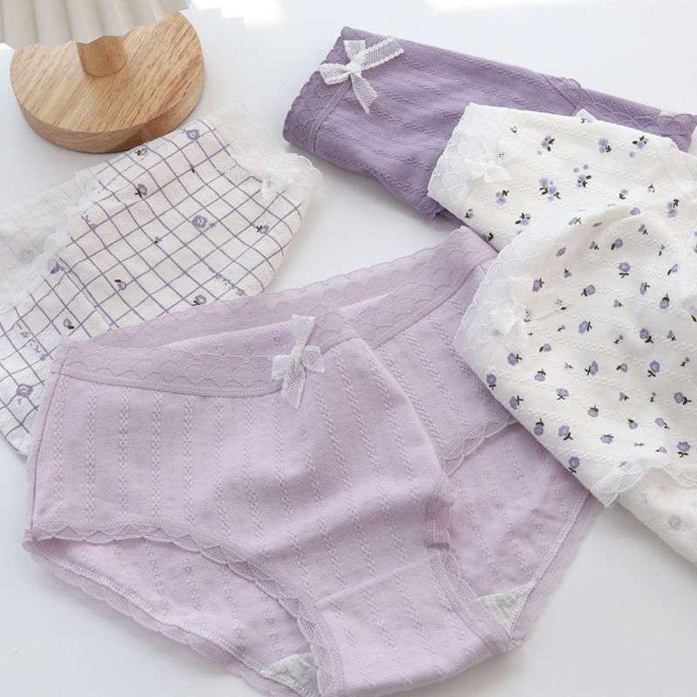 OCEANMAP Quần Lót Cotton Phối Bèo Đính Nơ Họa Tiết Hoa Tím Xinh Xắn Thoải Mái Cho Nữ