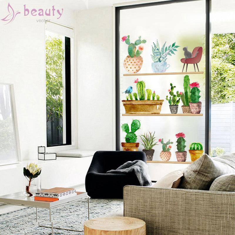 Nhãn dán tường trang trí hình chậu cây xương rồng dễ dàng loại bỏ DIY