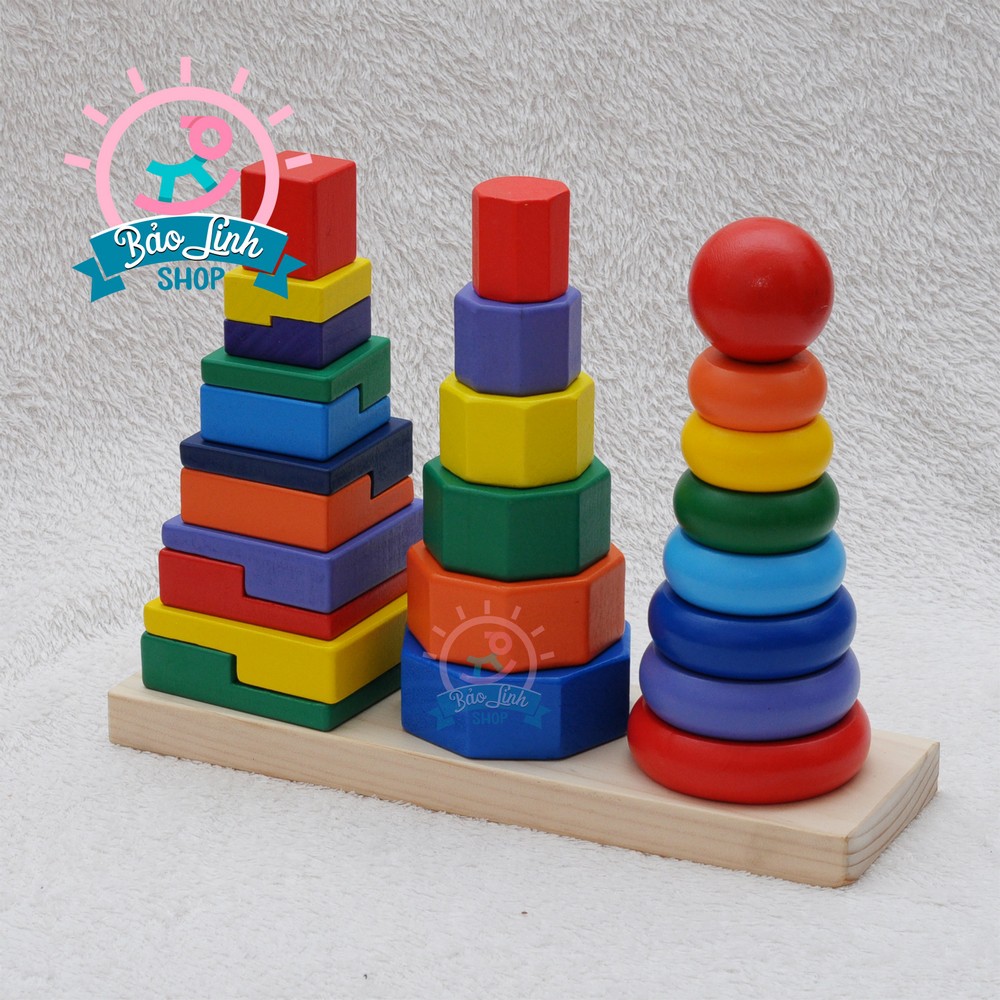 Tháp chồng 3 cọc montessori - Đồ chơi an toàn phát triển trí tuệ, rèn luyện tập trung, khéo léo cho bé 2 tuổi