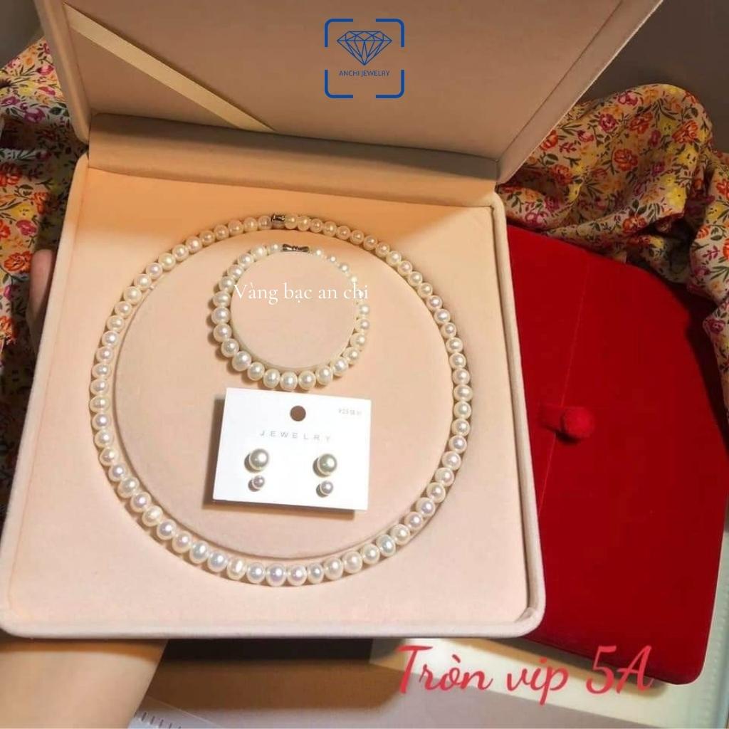 Bộ vòng cổ vòng tay và bông tai hạt trai trắng ánh hồng, quà tặng cho mẹ. Anchi jewelry