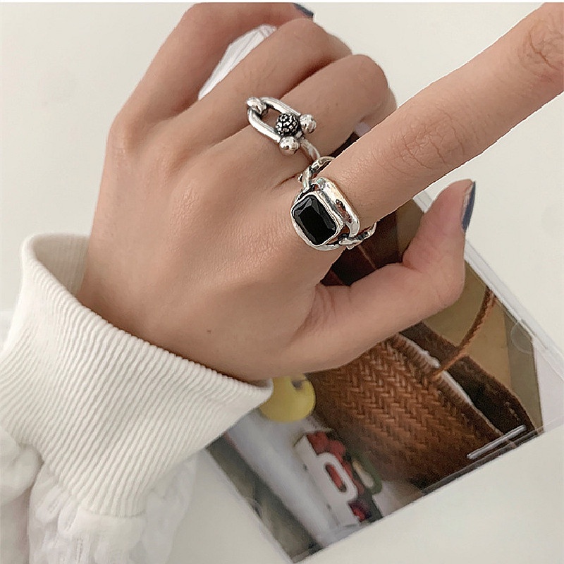 Nhẫn Bạc Đính Đá Đen Phong Cách Hip Hop Gothic Thời Trang Sáng Tạo Dành Cho Nữ
