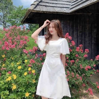 Đầm trắng cổ tròn viền ren (kèm hình thật)