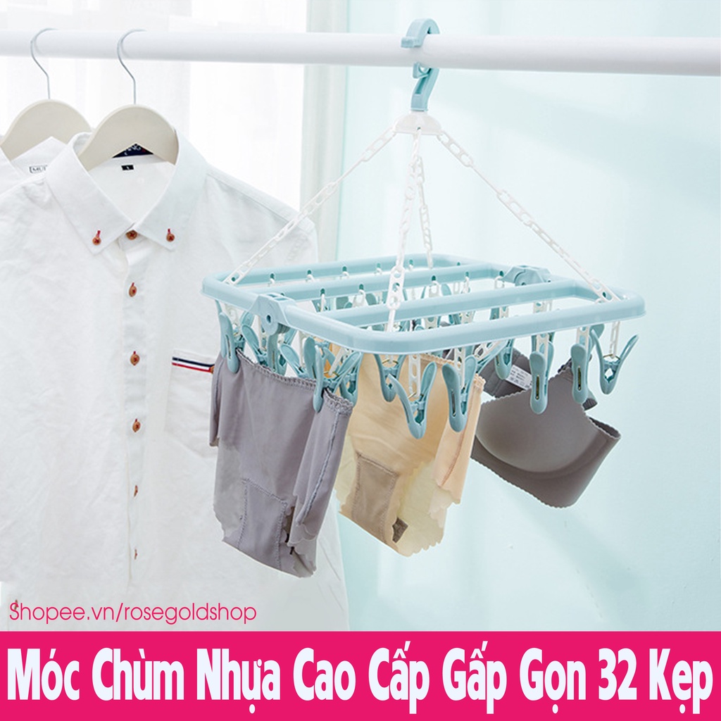 Móc Chùm Nhựa Cao Cấp Gấp Gọn 32 Kẹp Phơi Quần Áo, Khăn Tất, Thú Bông (Hàng Có Sẵn)