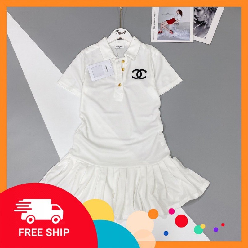 [ 𝐅𝐑𝐄𝐄 𝐒𝐇𝐈𝐏 ]Chiếc Váy Polo Xếp Ly Chan.el Ra Hàng  Chất Liệu CottonTàu Danh Đẹp, Giãn 4c  Cổ áo polo, mí viền cực kĩ H