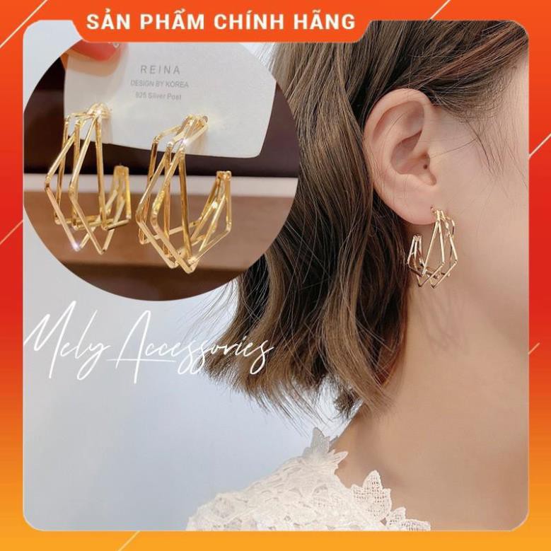 Hàng Thiết Kế Bông tai màu bạc vàng hình tứ giác phong cách hiện đại cá tính - MELY 1293