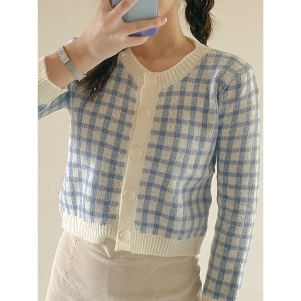 [CÒN HỒNG] Áo len dệt kim kiểu dáng crotop họa tiết kẻ mặc thu đông | BigBuy360 - bigbuy360.vn
