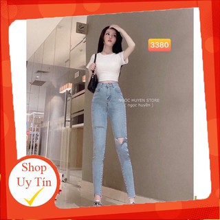 Hàng nhập khẩu Quần jeans ôm body lưng siêu cao nút kiểu, quần jean nữ, quần bò nữ lưng cao rách gối xanh nhạt - J20 Liê