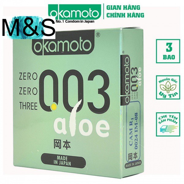 hàng trong kho   Bán sỉ  giá  đặc  biệt   Bao Cao Su Okamoto 0.03 Aloe, Tinh Chất Lô Hội, nhiều gel bôi trơn (Hộp 3C)[M&