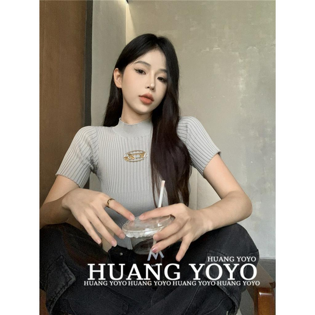 HUANG YOYO Áo Thun Dệt Kim Tay Ngắn Cổ Cao Dáng Ôm Phong Cách Thời Trang Retro Mỹ