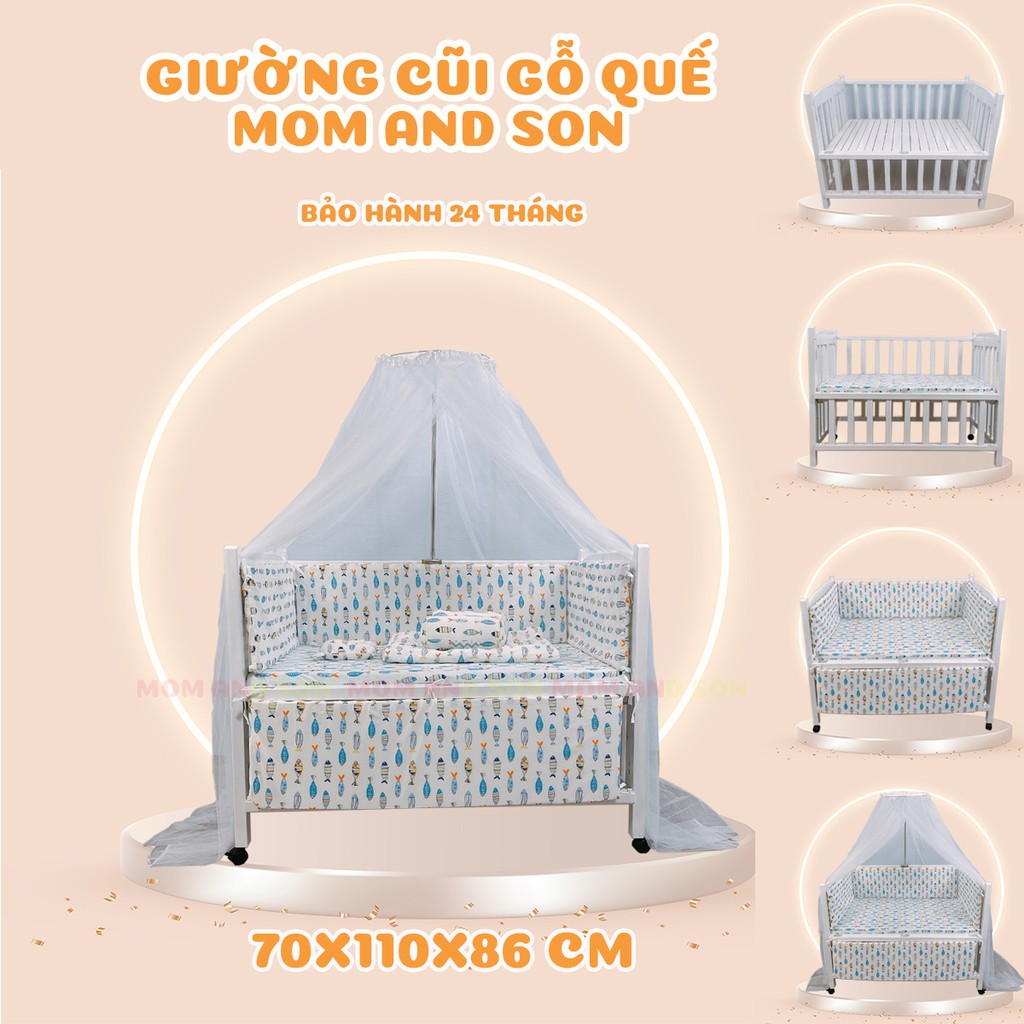 (Nhiều ComBo)Giường Cũi Trẻ Em MOM AND SON(70x110x86 cm)-Gỗ Quế Tự Nhiên Xuất Khẩu Màu Trắng-An toàn-BH 6 Tháng.