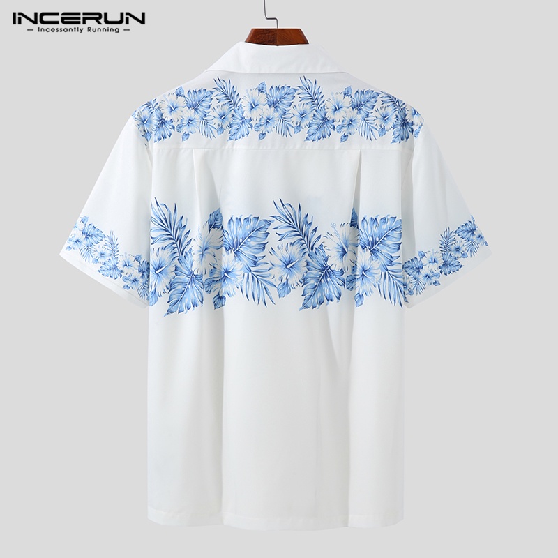 INCERUN Áo Sơ Mi Ngắn Tay Họa Tiết In Thời Trang Đi Biển Mùa Hè Cho Nam