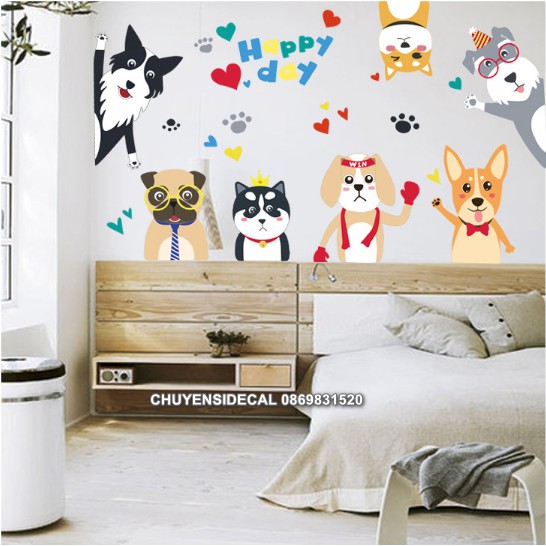 Decal trang trí tường - Bày Chó HAPPY DAY
