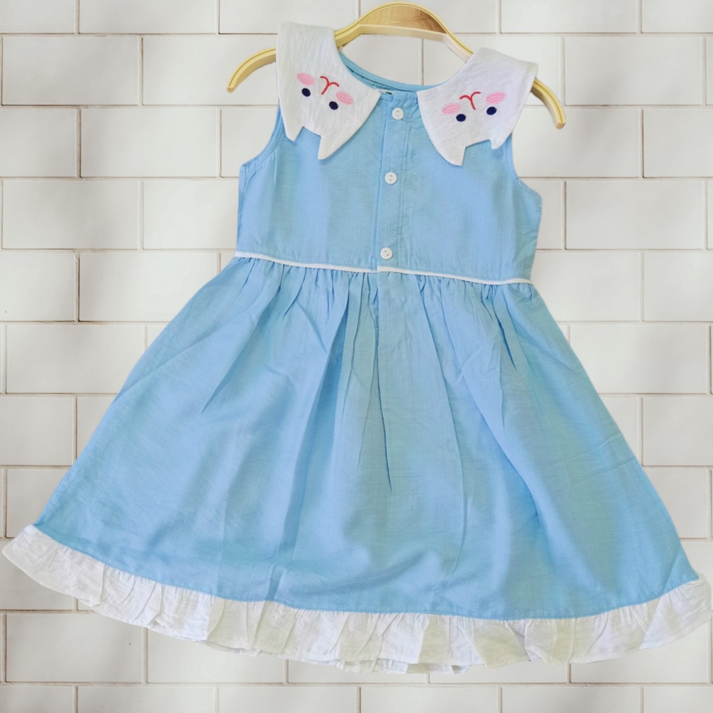 Đầm cotton cho bé gái màu xanh, cổ cách điệu hình mèo đáng yêu cho bé 1-8 tuổi