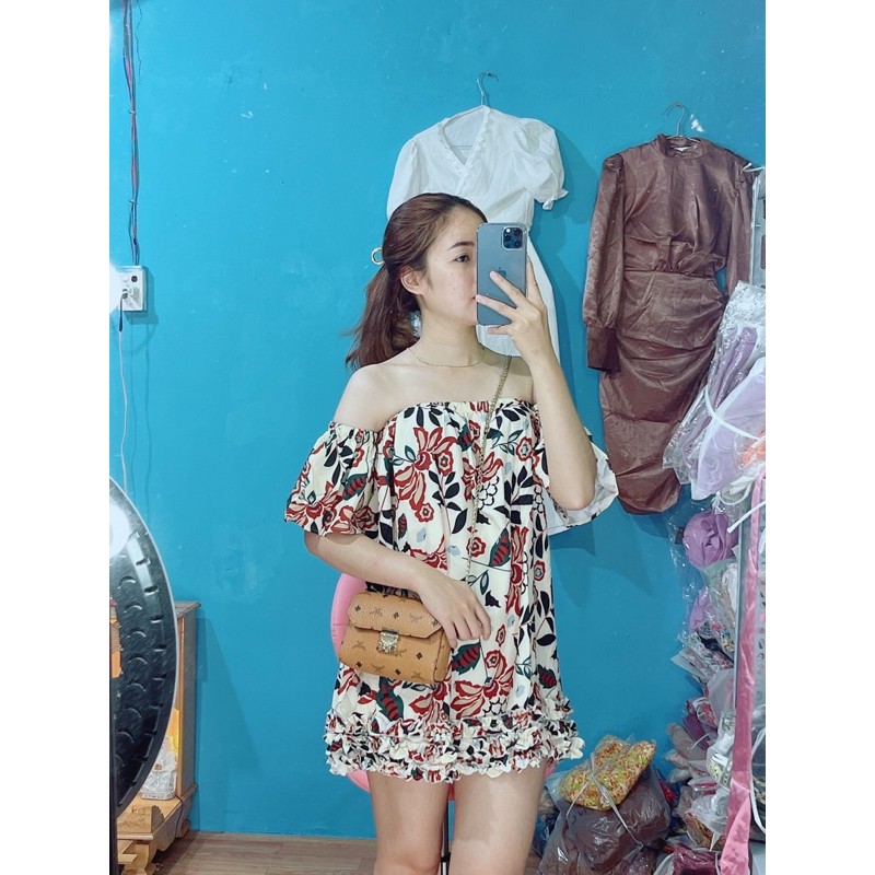 Đầm suông hoa béo trệt vai ( hình thật)