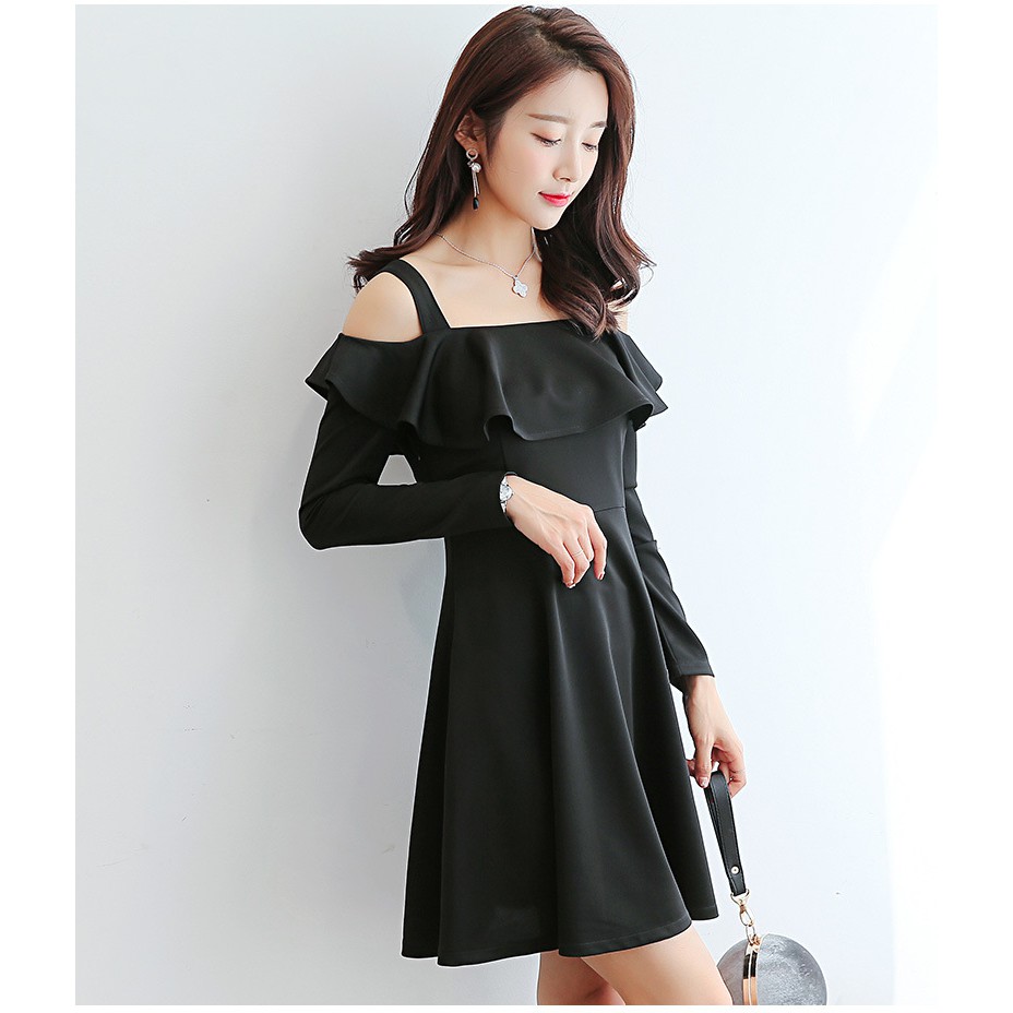 Đầm dự tiệc trễ vai phối bèo sang trọng thời trang nữ dự tiệc dạ hội dạo phố