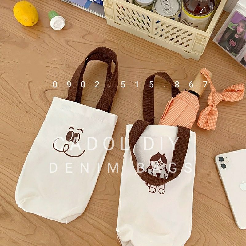 Túi Vải Đựng Ly Bình Giữ Nhiệt In Hình Mèo Cún Canvas