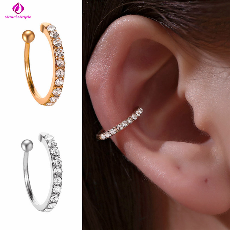 Khuyên Tai Kẹp Chữ C Đính Đá Thiết Kế Đơn Giản Cho Nữ