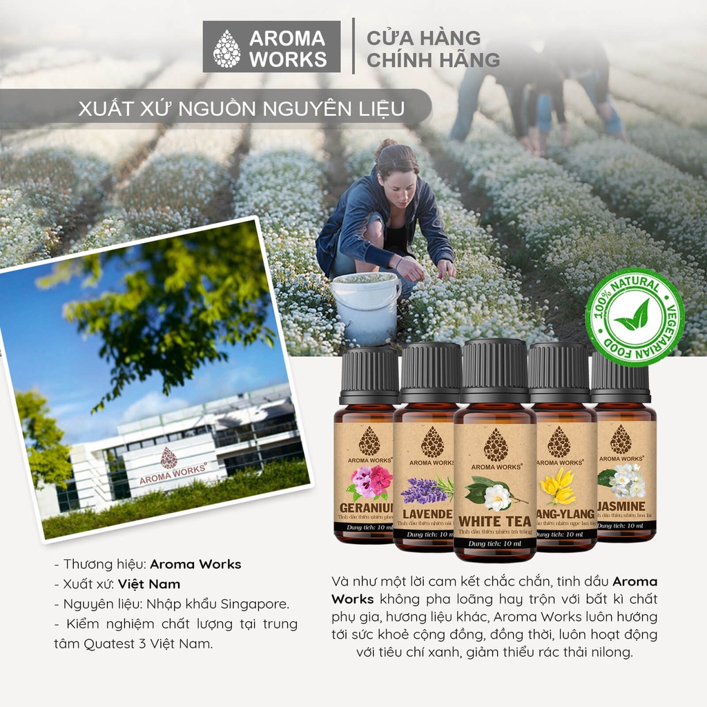 Tinh dầu thơm phòng Aroma Works hoa Oải Hương - Hoa Lài - Phong Lữ - Trà Trắng - Ylang làm nến thơm